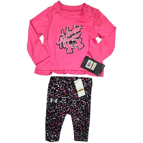 Under Armour Baby Infant Girls 0/3 Months Pink Top Black Legging Set Outfit New - Picture 1 of 8
